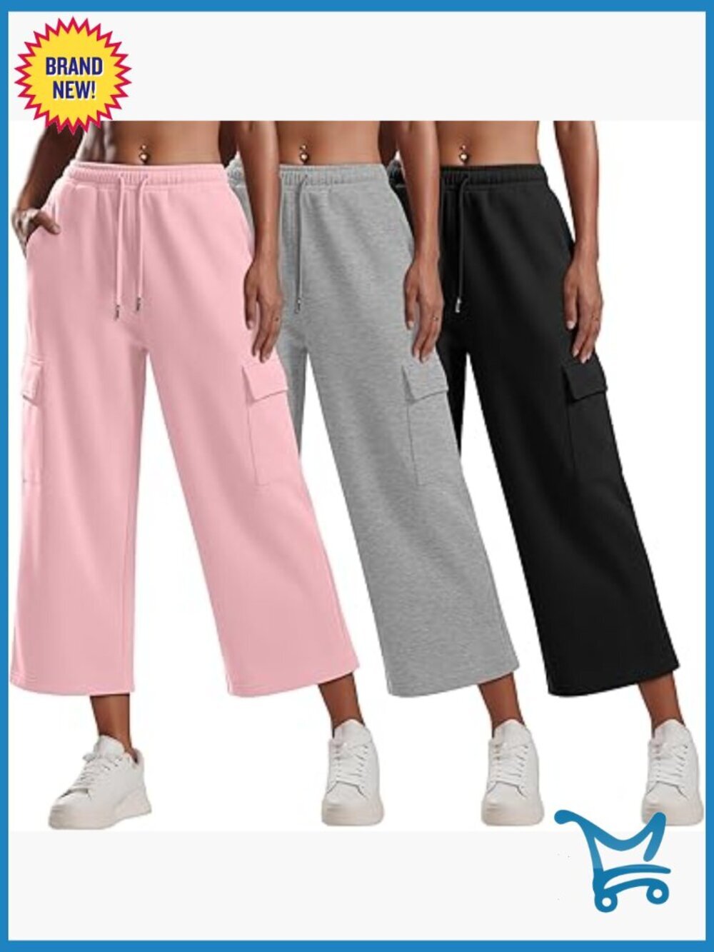 3pk Women Cargo Capris Wide Leg Loose Workout Active Pants Baggy Cropped